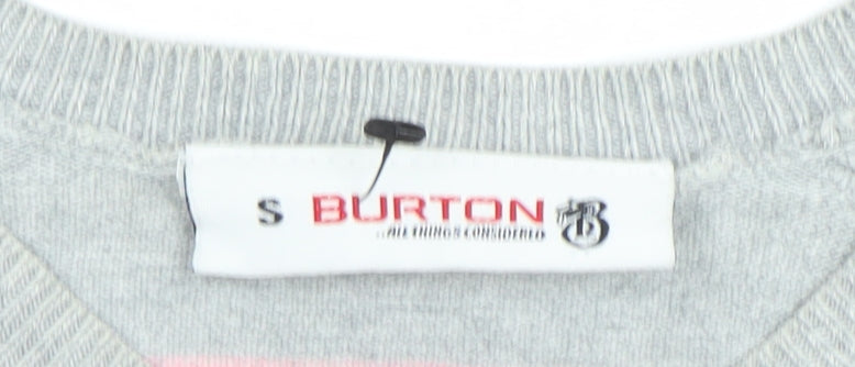 Burton Men’s Grey Pink Striped Cotton V-Neck Jumper Size S