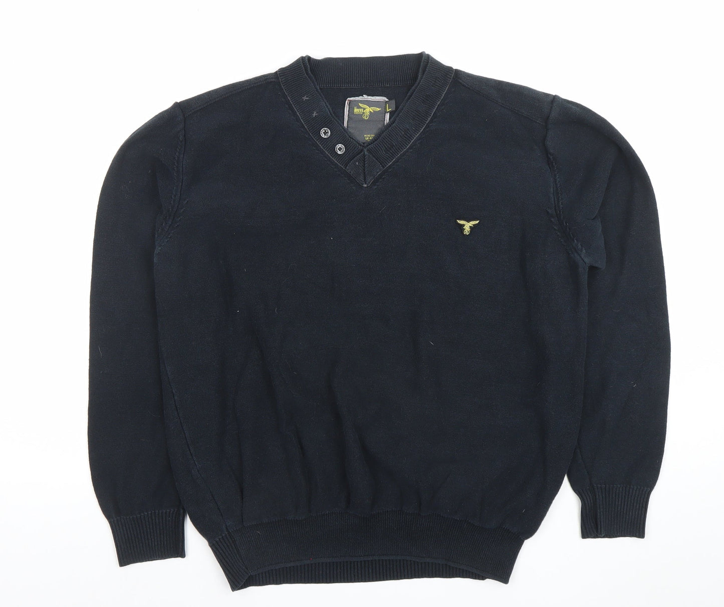 Le Breve Mens Black Cotton V-Neck Pullover Jumper Size L