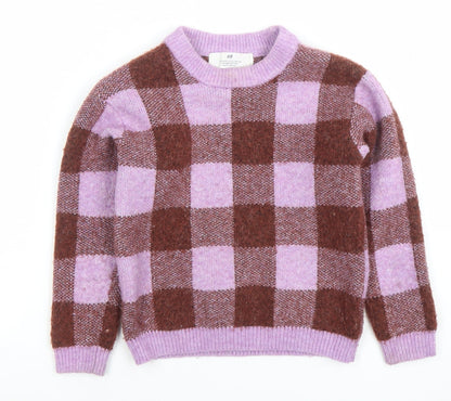 H&M Girls Brown & Lilac Check Jumper 4-6 Years Acrylic Blend Crew Neck