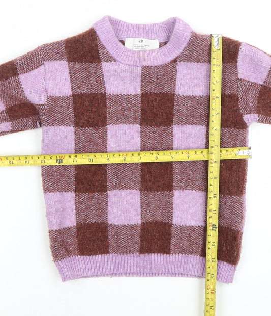 H&M Girls Brown & Lilac Check Jumper 4-6 Years Acrylic Blend Crew Neck