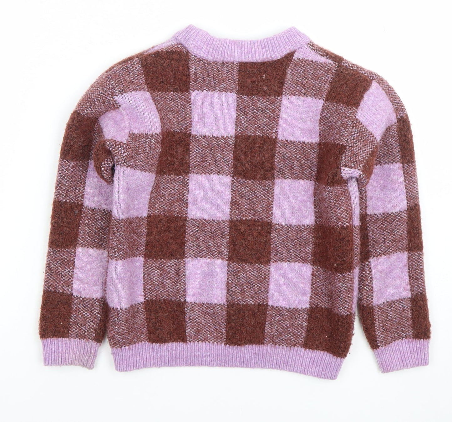 H&M Girls Brown & Lilac Check Jumper 4-6 Years Acrylic Blend Crew Neck