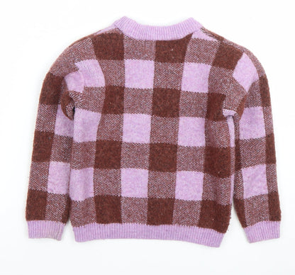 H&M Girls Brown & Lilac Check Jumper 4-6 Years Acrylic Blend Crew Neck