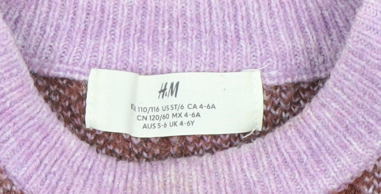 H&M Girls Brown & Lilac Check Jumper 4-6 Years Acrylic Blend Crew Neck
