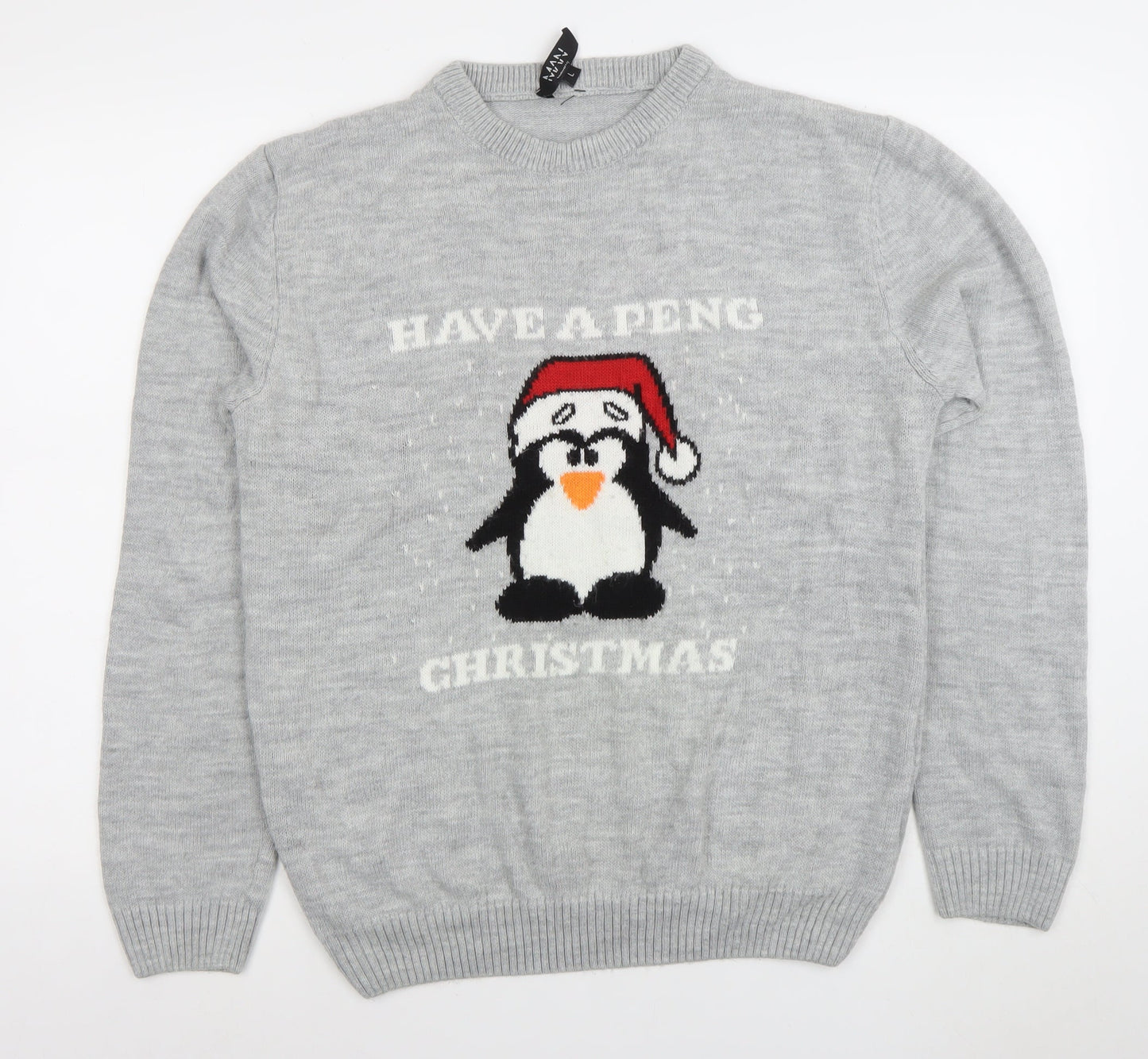 boohooMAN Men Grey Christmas Penguin Knit Jumper L
