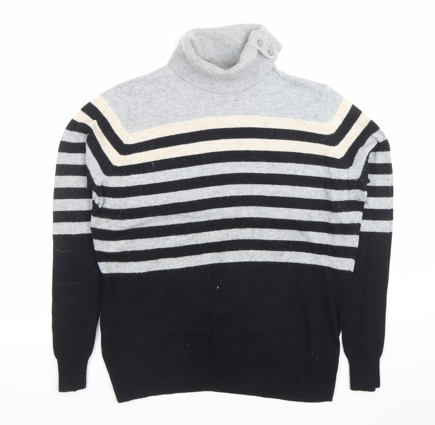 CC Women Grey Black Striped Roll Neck Long Sleeve Jumper M