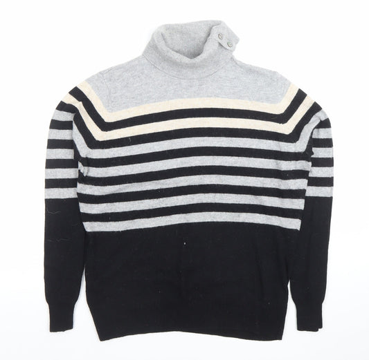 CC Women Grey Black Striped Roll Neck Long Sleeve Jumper M