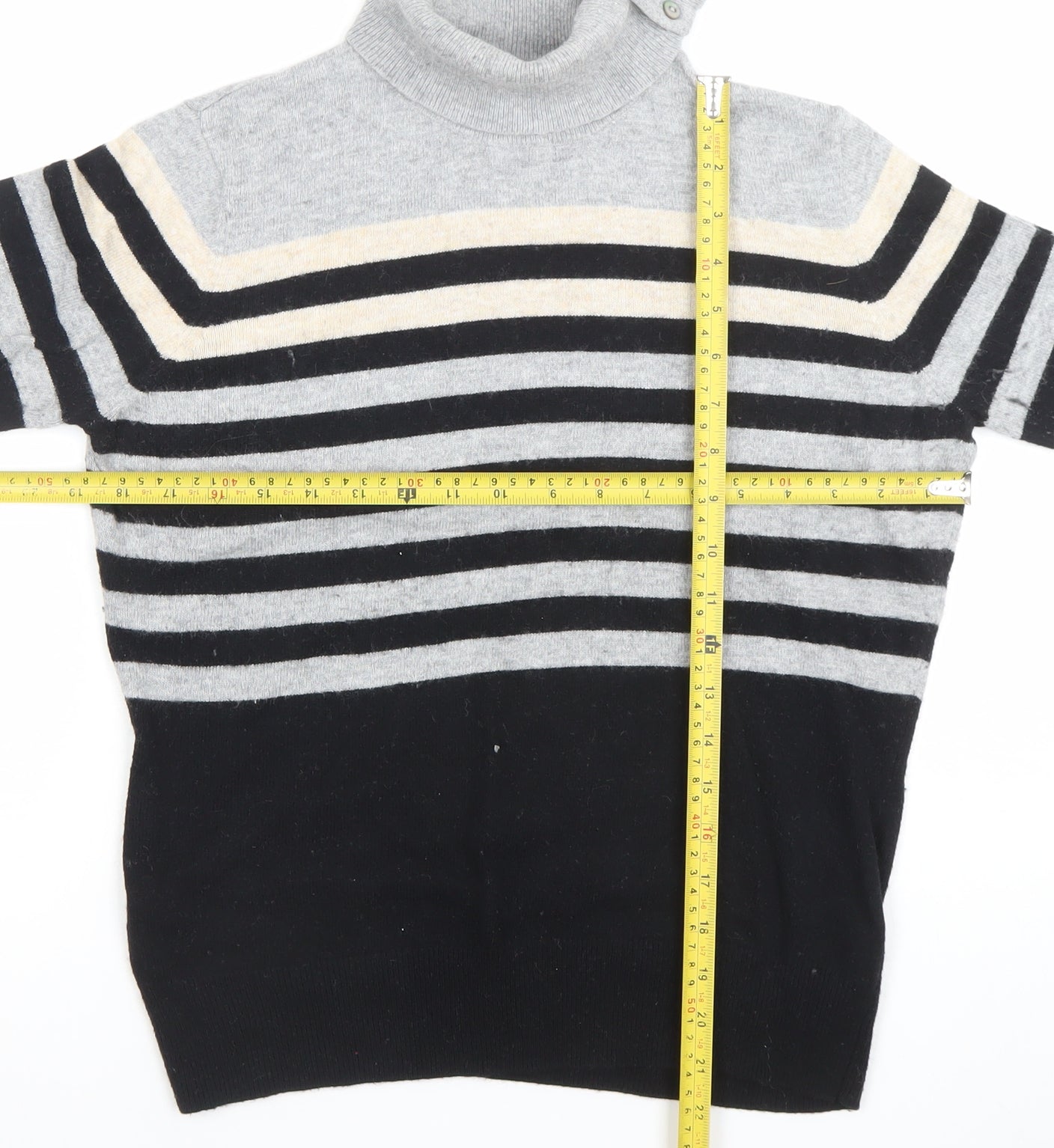 CC Women Grey Black Striped Roll Neck Long Sleeve Jumper M