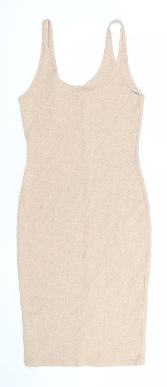 Pull&Bear Women Beige L Bodycon Knit Sleeveless Scoop Neck Dress