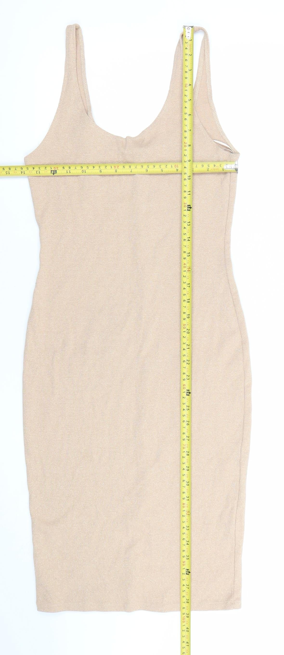 Pull&Bear Women Beige L Bodycon Knit Sleeveless Scoop Neck Dress