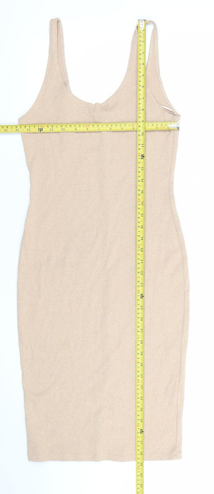 Pull&Bear Women Beige L Bodycon Knit Sleeveless Scoop Neck Dress