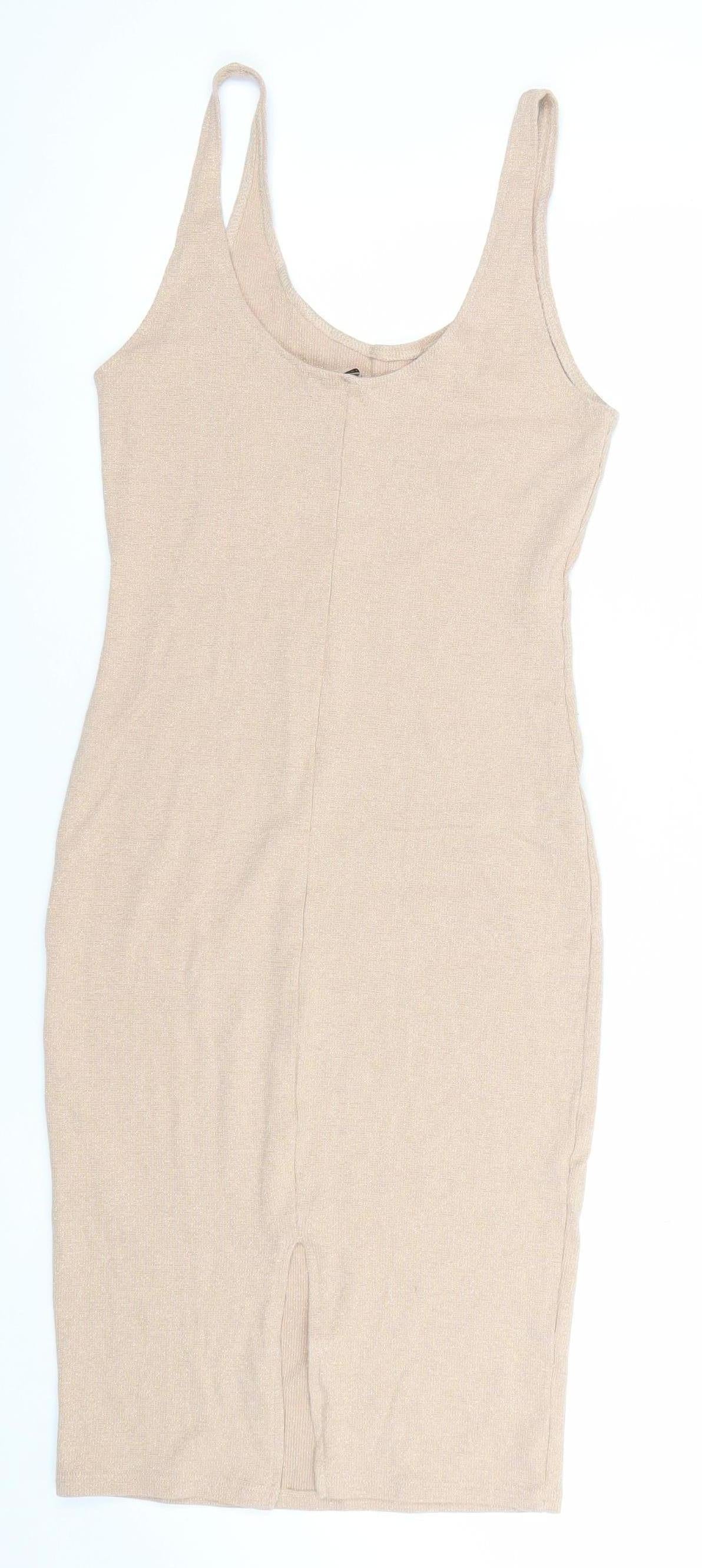 Pull&Bear Women Beige L Bodycon Knit Sleeveless Scoop Neck Dress