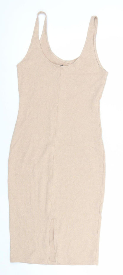 Pull&Bear Women Beige L Bodycon Knit Sleeveless Scoop Neck Dress