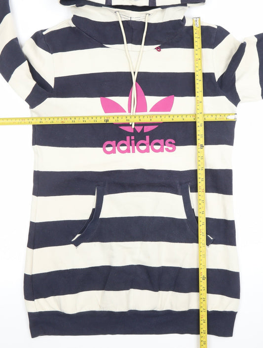 Adidas Women Navy & White Striped Pullover Hoodie Size 10 Cotton