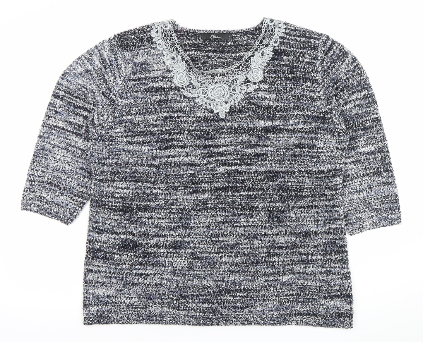 BM Collection Women's Grey Lace Neck Chunky Knit Pullover Jumper L