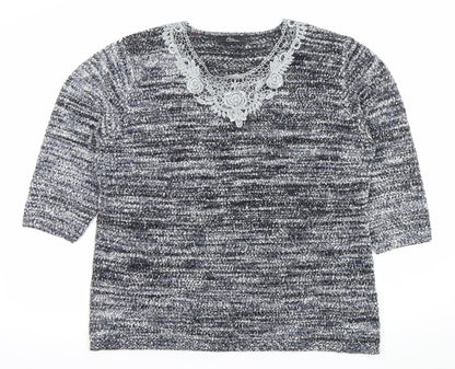 BM Collection Women's Grey Lace Neck Chunky Knit Pullover Jumper L
