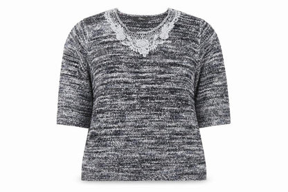 Bonmarché Women's Grey Lace Neck Chunky Knit Pullover Jumper L