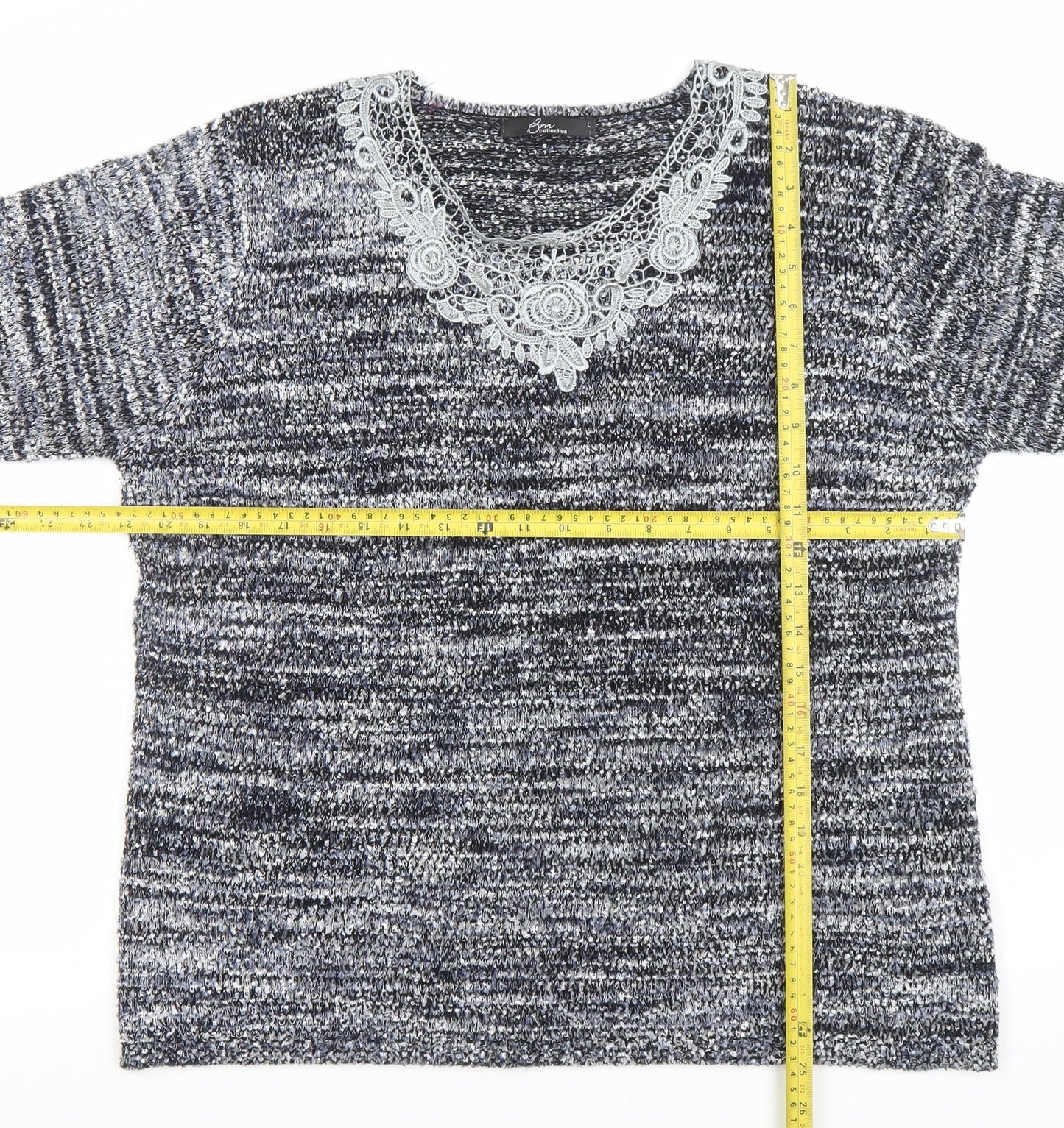 BM Collection Women's Grey Lace Neck Chunky Knit Pullover Jumper L