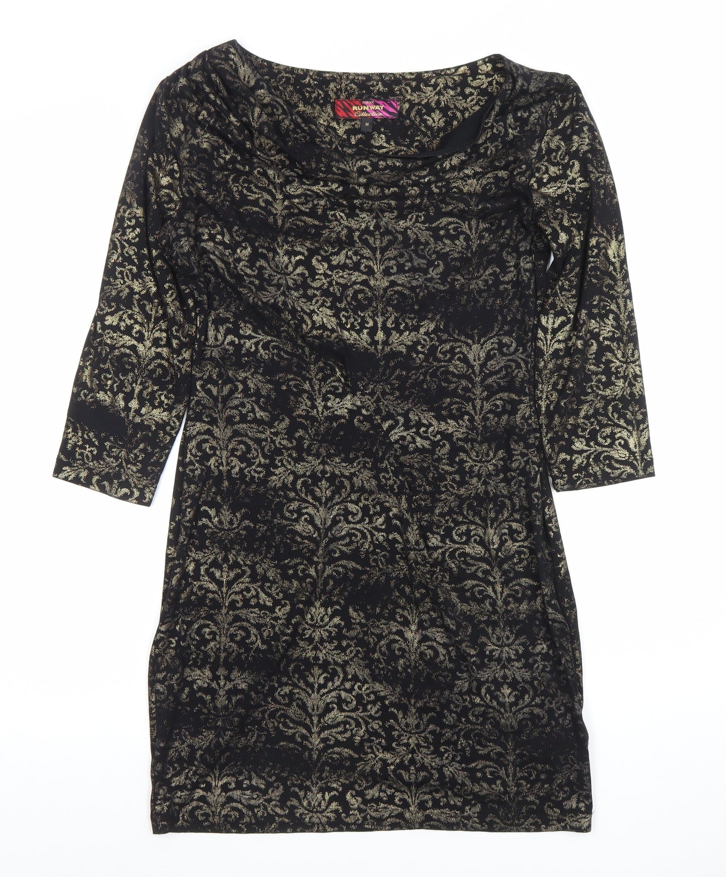 Next Women Black Gold Bodycon Dress M 3/4 Sleeve Cowl Neck Party