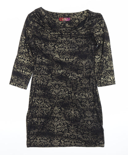 Next Women Black Gold Bodycon Dress M 3/4 Sleeve Cowl Neck Party