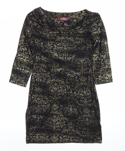 Next Women Black Gold Bodycon Dress M 3/4 Sleeve Cowl Neck Party
