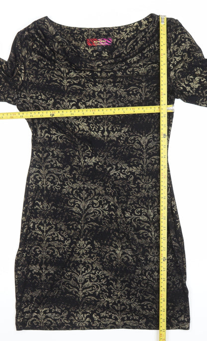 Next Women Black Gold Bodycon Dress M 3/4 Sleeve Cowl Neck Party