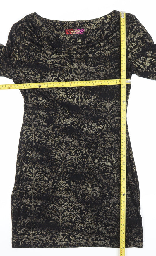 Next Women Black Gold Bodycon Dress M 3/4 Sleeve Cowl Neck Party