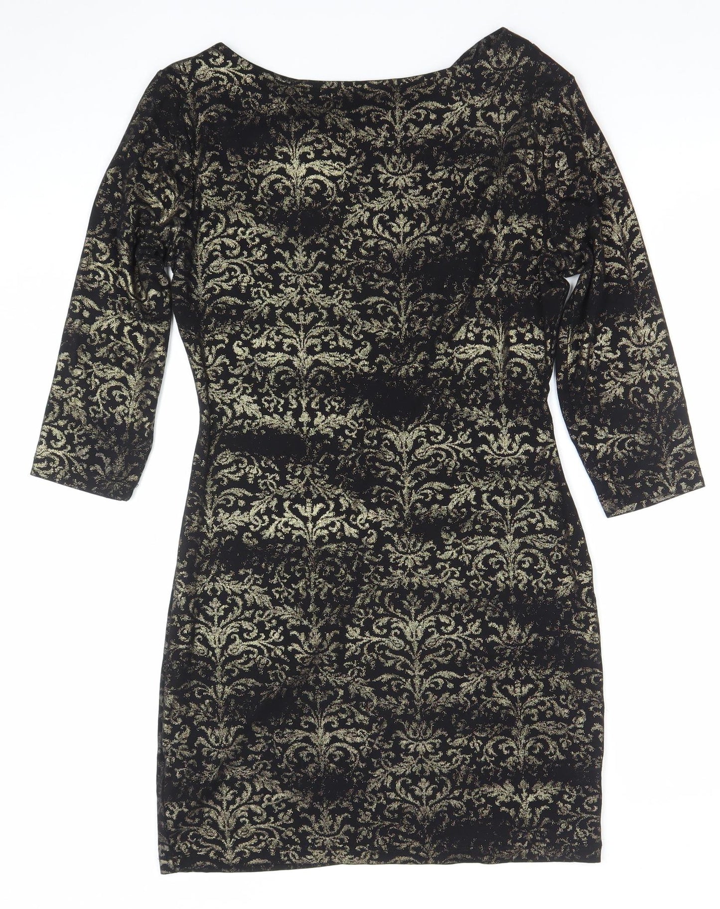 Next Women Black Gold Bodycon Dress M 3/4 Sleeve Cowl Neck Party