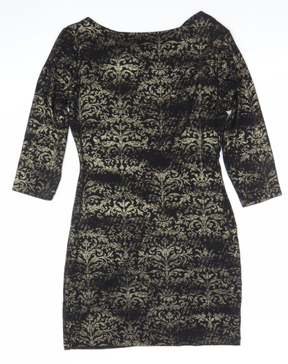 Next Women Black Gold Bodycon Dress M 3/4 Sleeve Cowl Neck Party