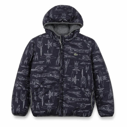 Front view of Lacoste boys’ black star wars hooded puffer jacket 10 years insulated winter coat