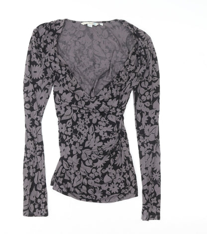 Boden Women’s Grey Floral Wrap Blouse UK 6 V-Neck Long Sleeve Top