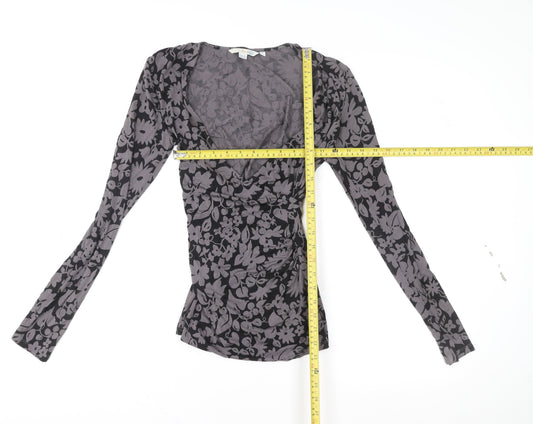 Boden Women’s Grey Floral Wrap Blouse UK 6 V-Neck Long Sleeve Top