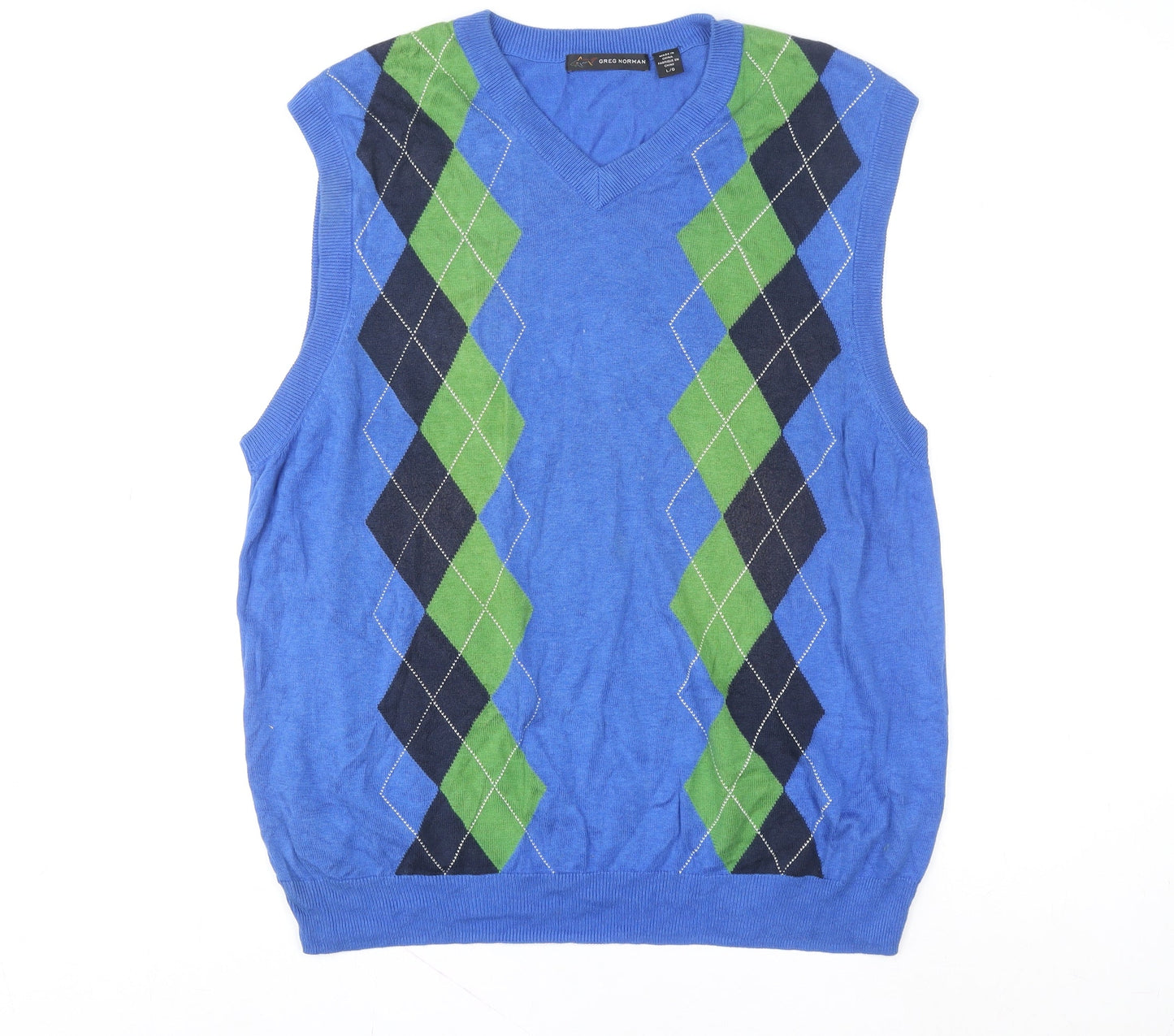 Greg Norman Men's Blue Argyle V-Neck Golf Sleeveless Vest L