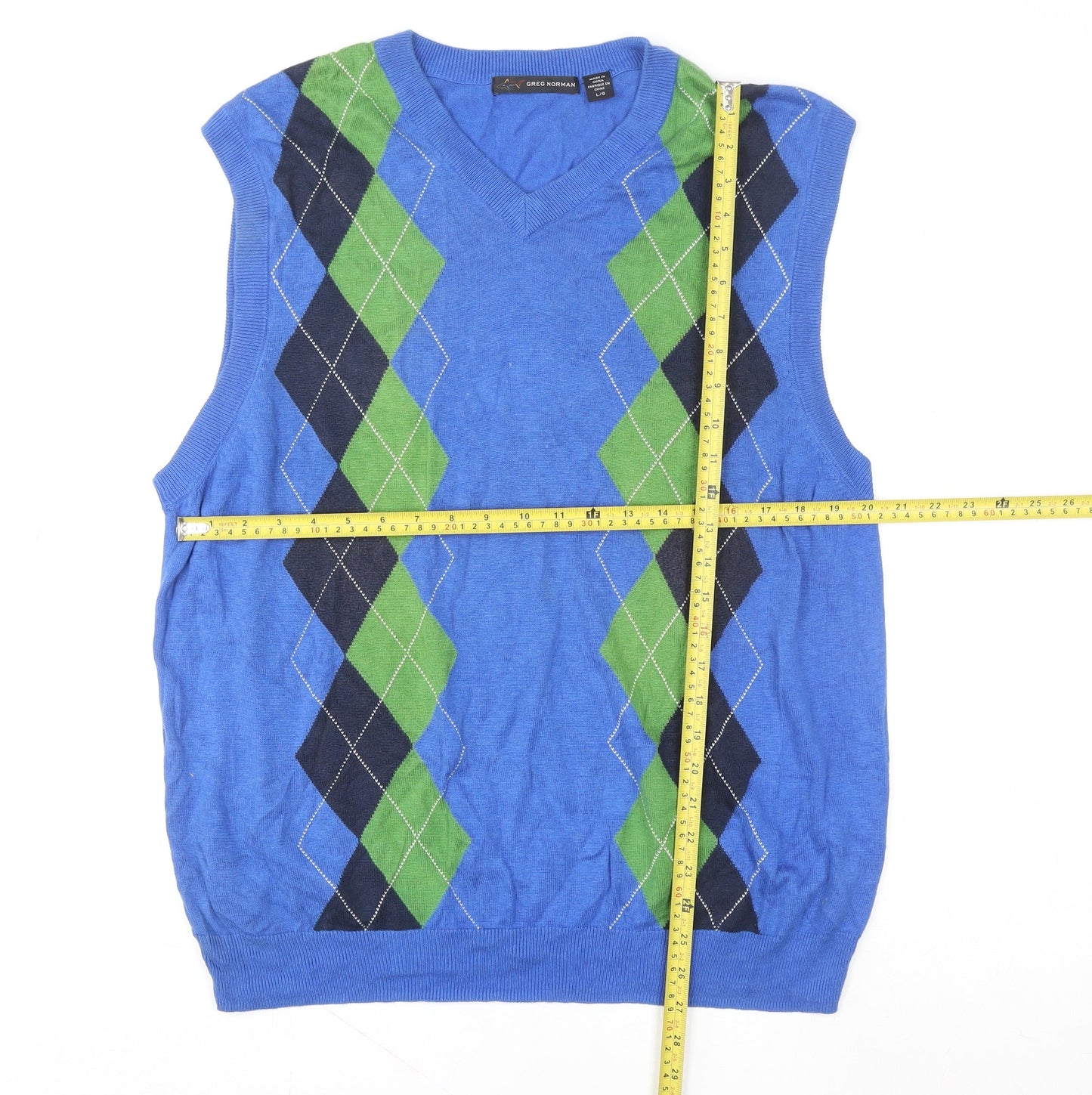 Greg Norman Men's Blue Argyle V-Neck Golf Sleeveless Vest L