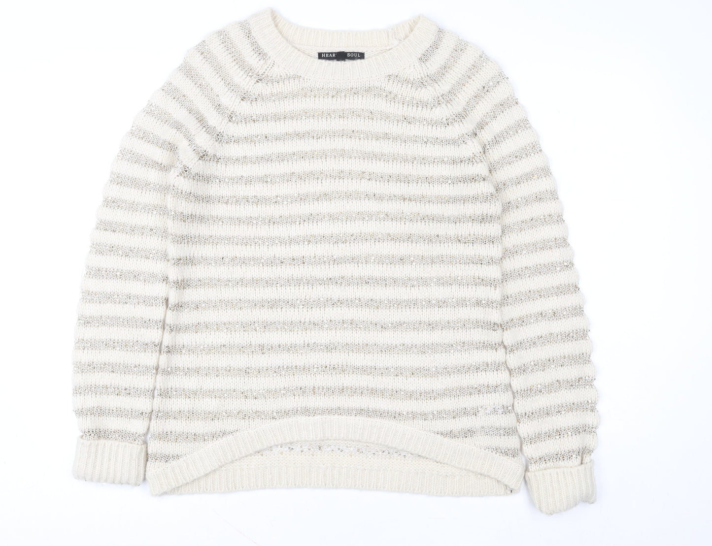 Heart & Soul Women’s Beige Striped Knit Jumper Size 12 Crew Neck