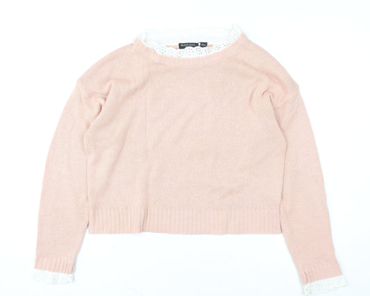 Brave Soul Women's Pink Lace Trim Crew Neck Knit Jumper Size S