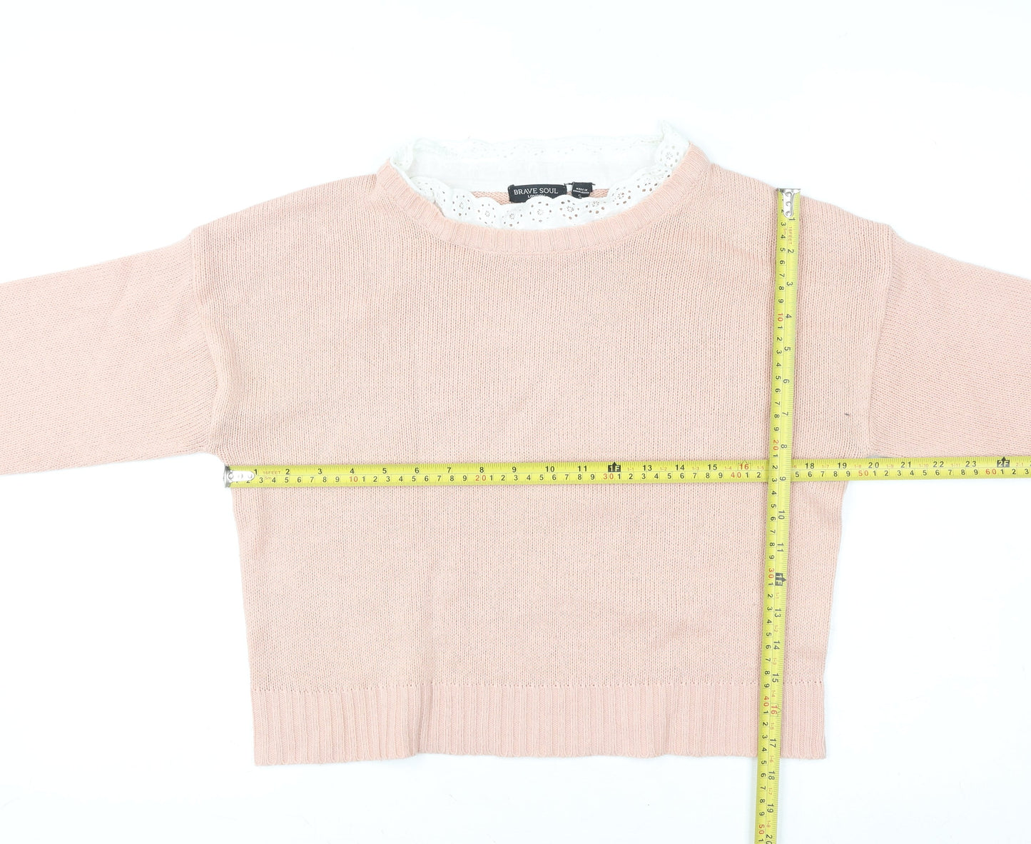 Brave Soul Women's Pink Lace Trim Crew Neck Knit Jumper Size S