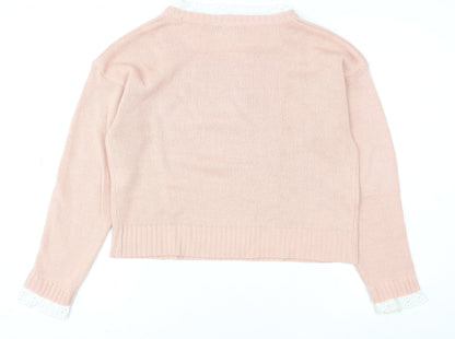 Brave Soul Women's Pink Lace Trim Crew Neck Knit Jumper Size S