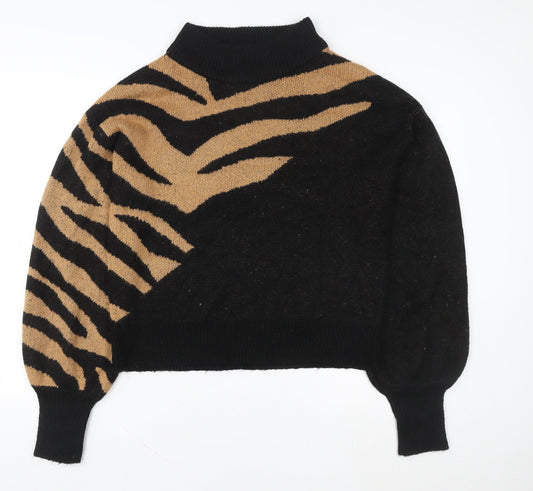 Brave Soul Women Black Beige Animal Print Mock Neck Jumper Size 18