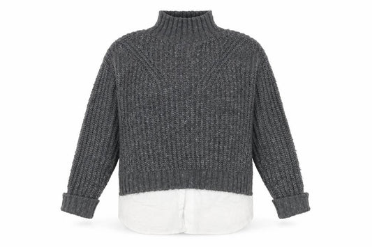 Front view of Miss Selfridge women’s grey mock neck chunky knit jumper, size UK 10