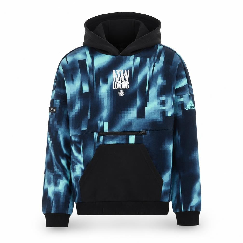 Front view of adidas boys’ blue graphic pullover hoodie 11-12 years cotton blend