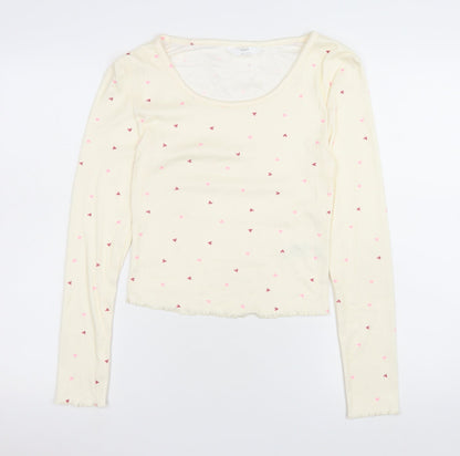 Marks and Spencer Women Ivory Heart Print Long Sleeve Pyjama Top S