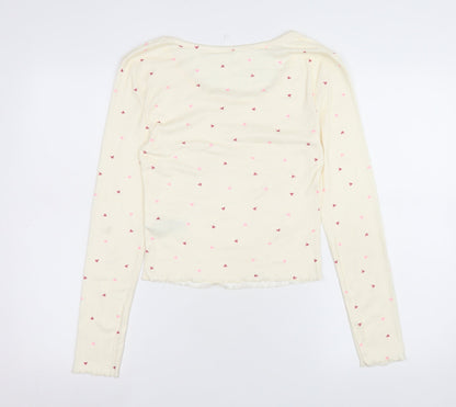 Marks and Spencer Women Ivory Heart Print Long Sleeve Pyjama Top S