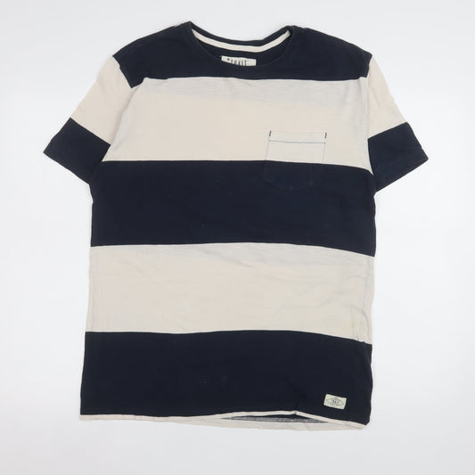 Trait Supply Co Men's Blue Beige Striped Cotton T-Shirt Medium