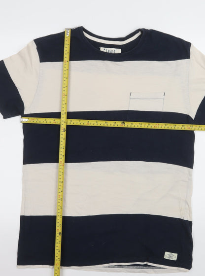 Trait Supply Co Men's Blue Beige Striped Cotton T-Shirt Medium