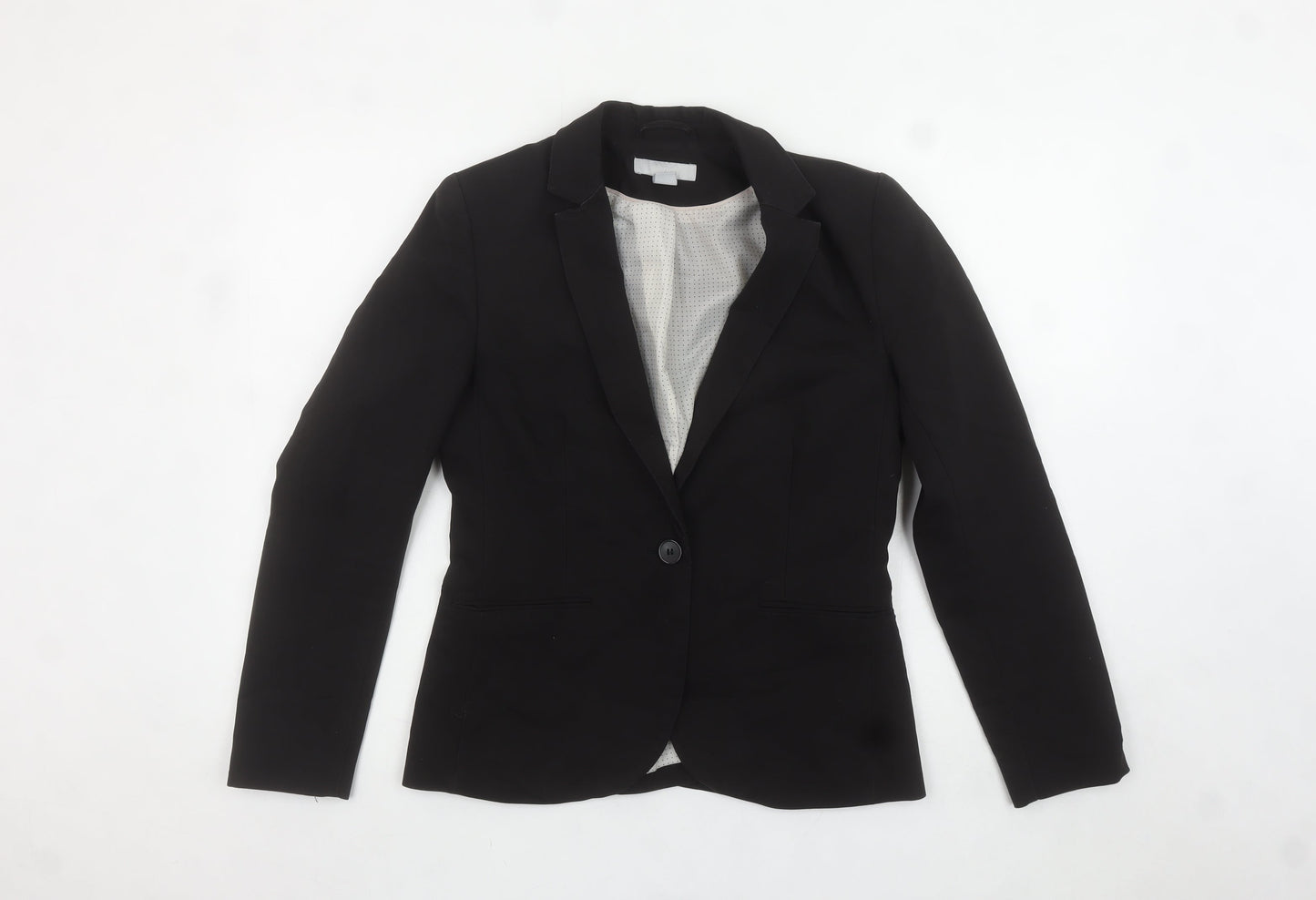 H&M Women Black Cotton Blend One-Button Blazer UK 10