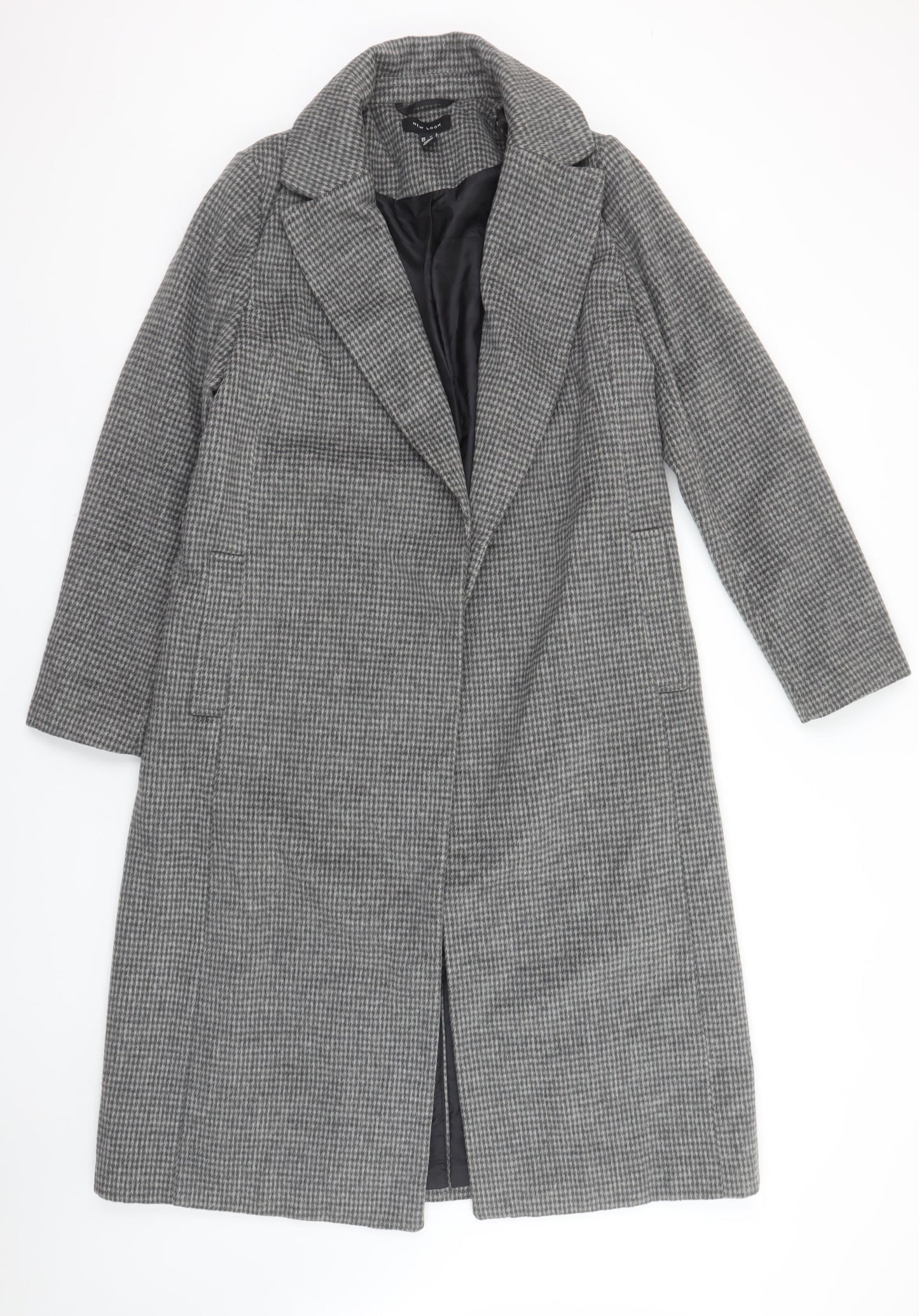 New Look Women Grey Check Long Overcoat Size 10 Wool Blend