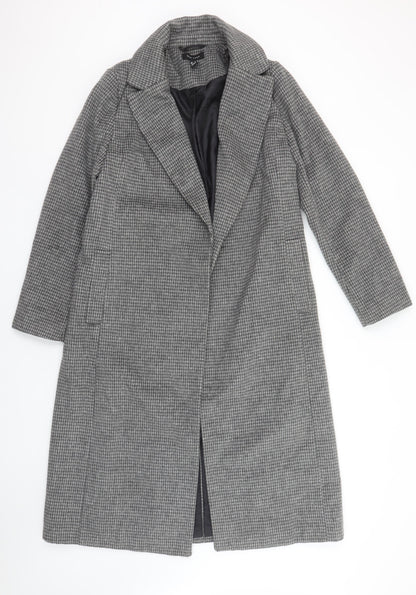 New Look Women Grey Check Long Overcoat Size 10 Wool Blend