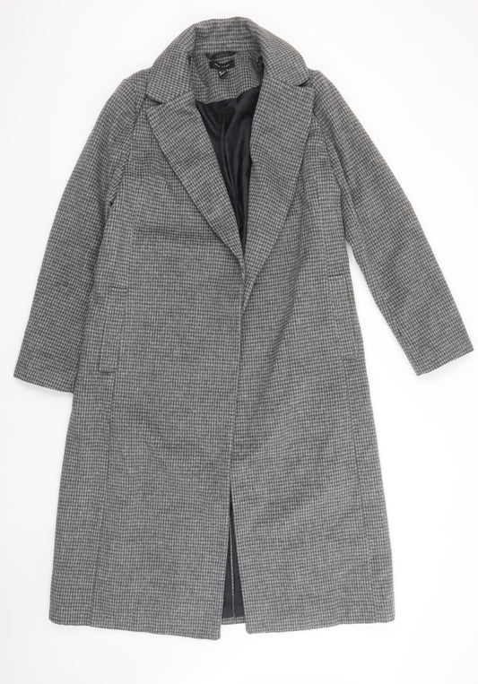 New Look Women Grey Check Long Overcoat Size 10 Wool Blend