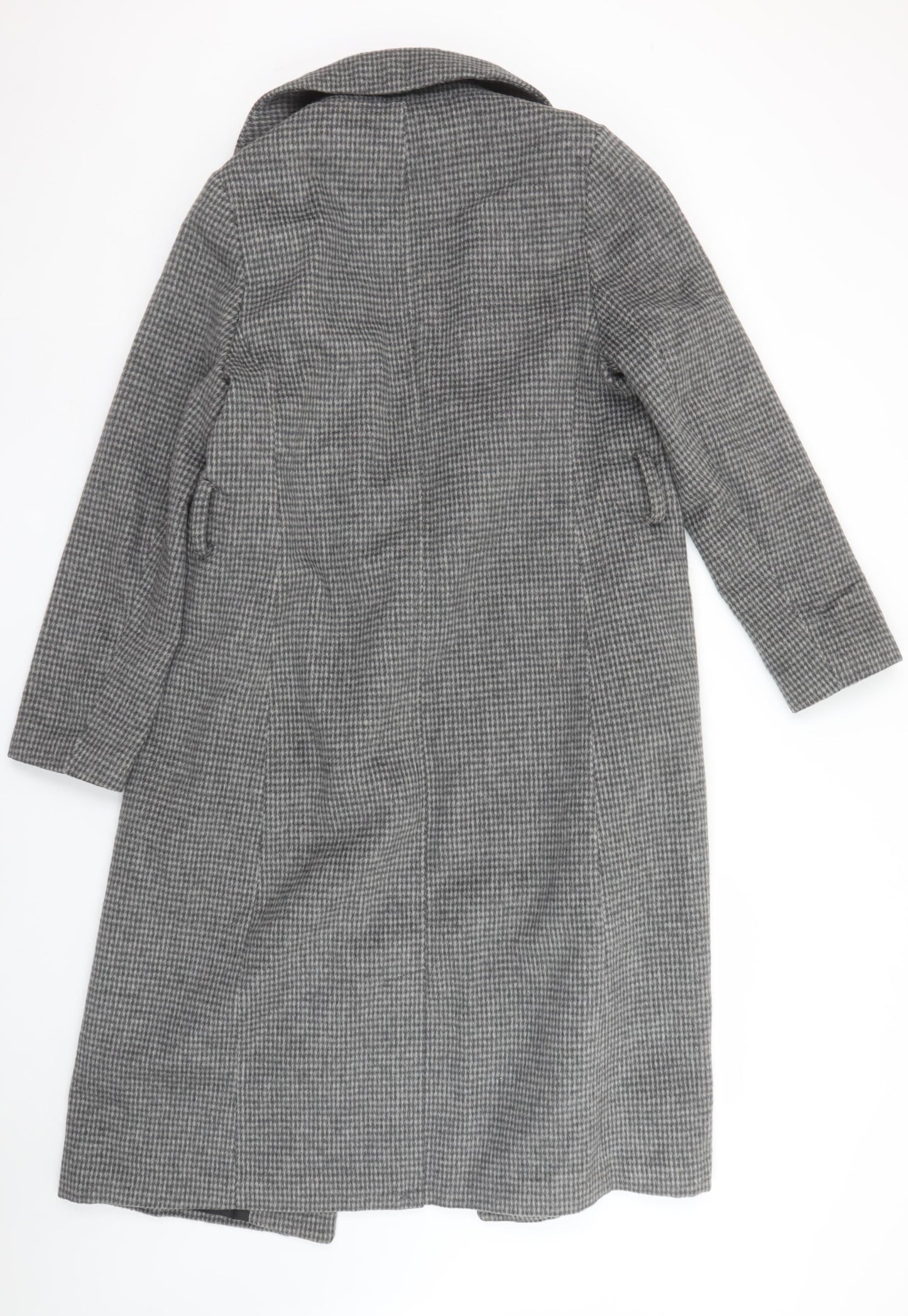 New Look Women Grey Check Long Overcoat Size 10 Wool Blend