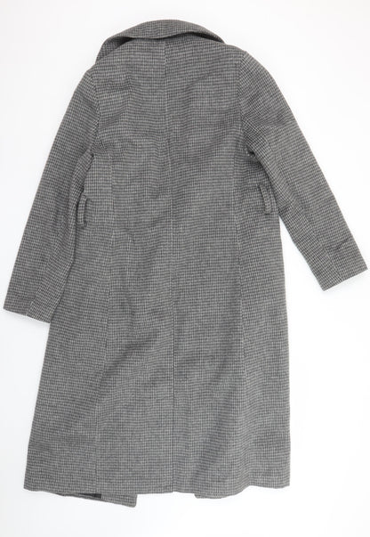 New Look Women Grey Check Long Overcoat Size 10 Wool Blend